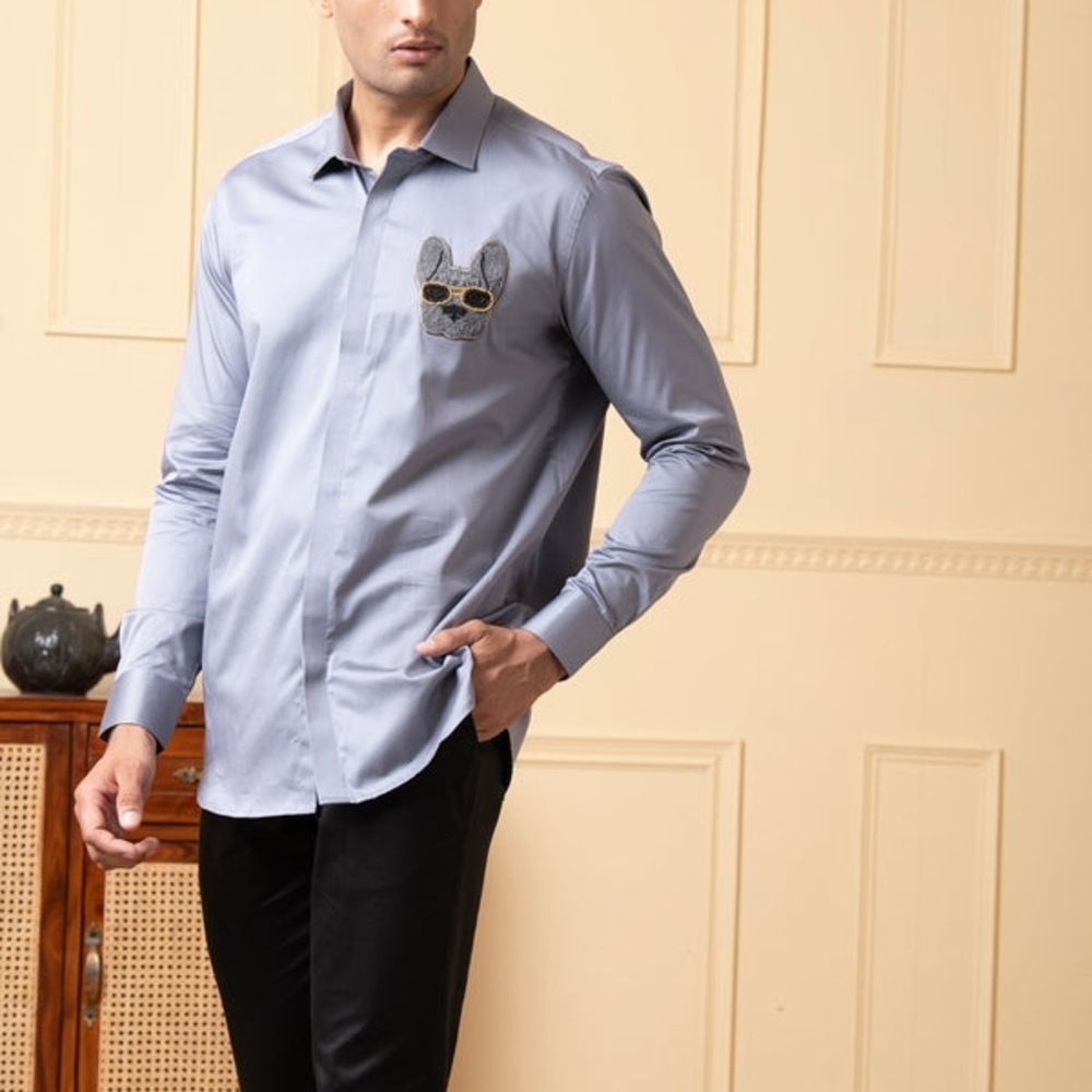 Men's Blue Shirt with Embroidered Patch
